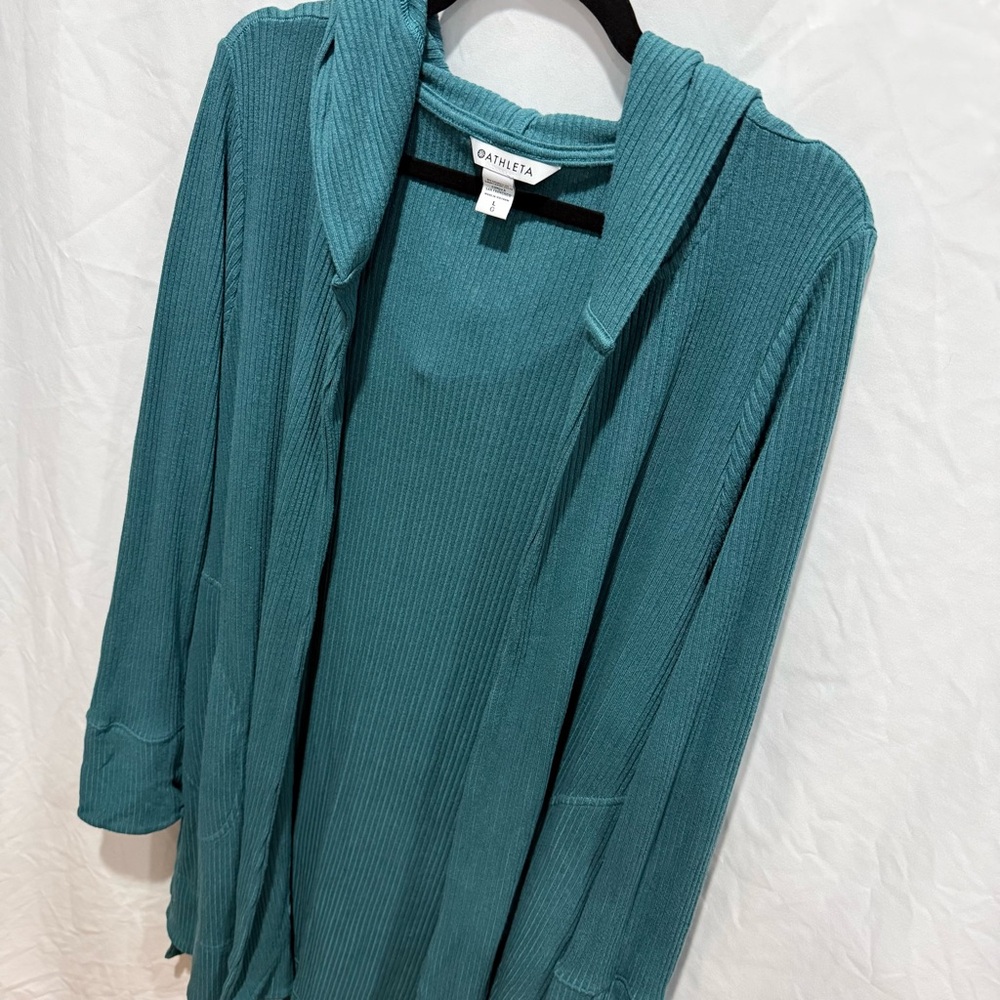 Athleta Harmony Pose Wrap Long Cardigan Hoodie‎ Teal Blue Large Oversized Lounge - Picture 2 of 11